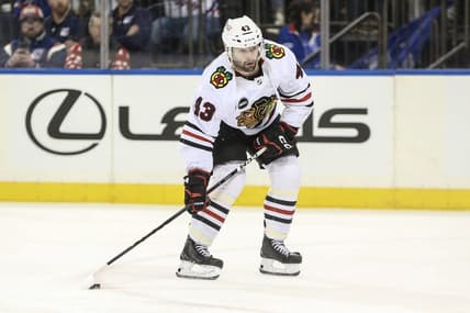 Jan 4, 2024; New York, New York, USA; Chicago Blackhawks center Colin Blackwell (43) controls the puck in the third period against the New York Rangers at Madison Square Garden. Mandatory Credit: Wendell Cruz-USA TODAY Sports