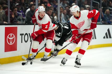 Jan 4, 2024; Los Angeles, California, USA; Detroit Red Wings defenseman Olli Maatta (2) and defenseman Justin Holl (3) battle for the puck with LA Kings left wing Trevor Moore (12) in the second period at Crypto.com Arena. Mandatory Credit: Kirby Lee-USA TODAY Sports