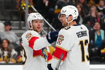Jan 4, 2024; Las Vegas, Nevada, USA; Florida Panthers center Sam Reinhart (13) celebrates with Florida Panthers center Carter Verhaeghe (23) after scoring a goal against the Vegas Golden Knights during the third period at T-Mobile Arena. Mandatory Credit: Stephen R. Sylvanie-USA TODAY Sports