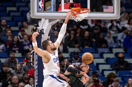 Jan 5, 2024; New Orleans, Louisiana, USA;  LA Clippers center Ivica Zubac (40) dunks the ball against New Orleans Pelicans center Jonas Valanciunas (17) during the first half at Smoothie King Center. Mandatory Credit: Stephen Lew-USA TODAY Sports