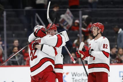 Jan 5, 2024; Washington, District of Columbia, USA; Carolina Hurricanes goaltender Pyotr Kochetkov (52) celebrates with Hurricanes right wing Andrei Svechnikov (37) after their game against the Washington Capitals at Capital One Arena. Mandatory Credit: Geoff Burke-USA TODAY Sports