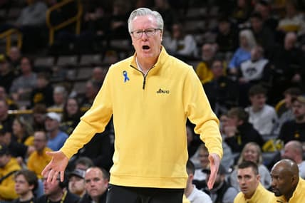 Jan 6, 2024; Iowa City, Iowa, USA; Iowa Hawkeyes head coach Fran McCaffery reacts during the second half against the Rutgers Scarlet Knights at Carver-Hawkeye Arena. Mandatory Credit: Jeffrey Becker-USA TODAY Sports