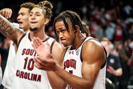 Jan 6, 2024; Columbia, South Carolina, USA; South Carolina Gamecocks guard Meechie Johnson (5) celebrates with this teammates following their victory over the Mississippi State Bulldogs at Colonial Life Arena. Mandatory Credit: Jeff Blake-USA TODAY Sports