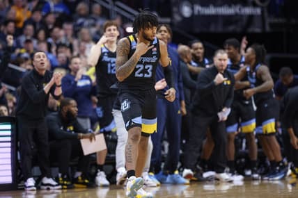 Jan 6, 2024; Newark, New Jersey, USA; Marquette Golden Eagles forward David Joplin (23) reacts after making a three point basket against the Seton Hall Pirates during the second half at Prudential Center. Mandatory Credit: Vincent Carchietta-USA TODAY Sports