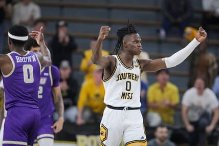 Jan 6, 2024; Hattiesburg, Mississippi, USA; Southern Miss Golden Eagles forward Victor Iwuakor (0) gestures near the end of their game against the James Madison Dukes at Reed Green Coliseum. Mandatory Credit: Chuck Cook-USA TODAY Sports