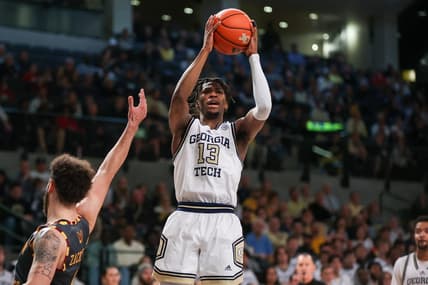Jan 6, 2024; Atlanta, Georgia, USA; Georgia Tech Yellow Jackets guard Miles Kelly (13) shoots against the Boston College Eagles in the second half at McCamish Pavilion. Mandatory Credit: Brett Davis-USA TODAY Sports