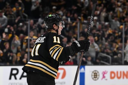 Jan 6, 2024; Boston, Massachusetts, USA; Boston Bruins center Trent Frederic (11) reacts after scoring a goal against the Tampa Bay Lightning during the first period at the TD Garden. Mandatory Credit: Brian Fluharty-USA TODAY Sports