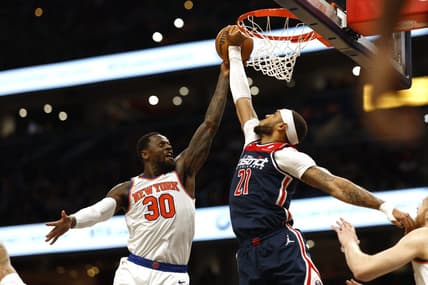 Jan 6, 2024; Washington, District of Columbia, USA; Washington Wizards center Daniel Gafford (21) blocks the shot of New York Knicks forward Julius Randle (30) in the second quarter at Capital One Arena. Mandatory Credit: Geoff Burke-USA TODAY Sports