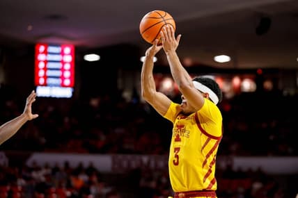Iowa State guard Tamin Lipsey (3) shoots a 3-pointer in the second half during an NCAA basketball game between University of Oklahoma (OU) and Iowa State at the Lloyd Noble Center in Norman, Okla., on Saturday, Jan. 6, 2024.