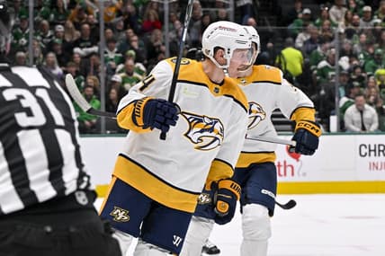 Jan 6, 2024; Dallas, Texas, USA; Nashville Predators center Gustav Nyquist (14) celebrates after scoring a goal against the Dallas Stars during the first period at the American Airlines Center. Mandatory Credit: Jerome Miron-USA TODAY Sports