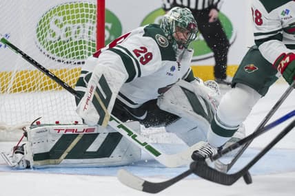 Jan 6, 2024; Columbus, Ohio, USA;  Minnesota Wild goaltender Marc-Andre Fleury (29) follows the puck in play against the Columbus Blue Jackets in the third period at Nationwide Arena. Mandatory Credit: Aaron Doster-USA TODAY Sports