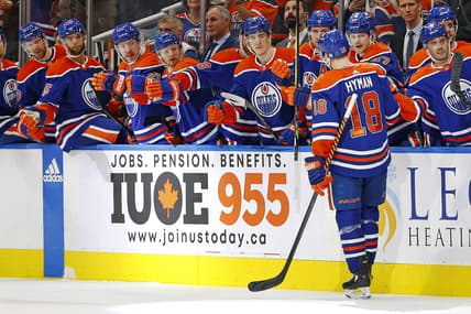 Jan 6, 2024; Edmonton, Alberta, CAN; The Edmonton Oilers celebrate after a goal by forward Zach Hyman (18) during the third period against the Ottawa Senators at Rogers Place. Mandatory Credit: Perry Nelson-USA TODAY Sports