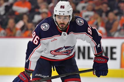 Jan 4, 2024; Philadelphia, Pennsylvania, USA; Columbus Blue Jackets right wing Kirill Marchenko (86) against the Philadelphia Flyers at Wells Fargo Center. Mandatory Credit: Eric Hartline-USA TODAY Sports