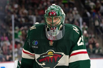 Jan 8, 2024; Saint Paul, Minnesota, USA; Minnesota Wild goaltender Marc-Andre Fleury (29) expresses frustration after letting in a fourth goal against the Dallas Stars in the third period at Xcel Energy Center. Mandatory Credit: Matt Blewett-USA TODAY Sports