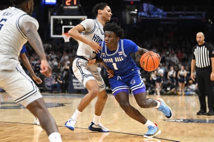 Jan 9, 2024; Washington, District of Columbia, USA; Seton Hall Pirates guard Kadary Richmond (1) dribbles as Georgetown Hoyas guard Wayne Bristol Jr. (31) defends during the first half at Capital One Arena. Mandatory Credit: Brad Mills-USA TODAY Sports