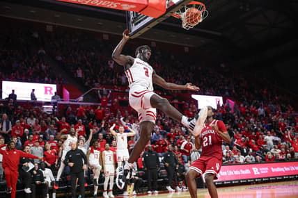 Jan 9, 2024; Piscataway, New Jersey, USA; Rutgers Scarlet Knights forward Mawot Mag (3) dunks the ball in front of Indiana Hoosiers forward Mackenzie Mgbako (21) during the second half at Jersey Mike's Arena. Mandatory Credit: Vincent Carchietta-USA TODAY Sports
