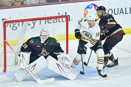 Jan 9, 2024; Tempe, Arizona, USA; Arizona Coyotes goaltender Connor Ingram (39) and defenseman Matt Dumba (24) defend against Boston Bruins center Pavel Zacha (18) in the first period at Mullett Arena. Mandatory Credit: Matt Kartozian-USA TODAY Sports