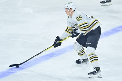 Jan 9, 2024; Tempe, Arizona, USA; Boston Bruins center Morgan Geekie (39) carries the puck in the first period against the Arizona Coyotes at Mullett Arena. Mandatory Credit: Matt Kartozian-USA TODAY Sports
