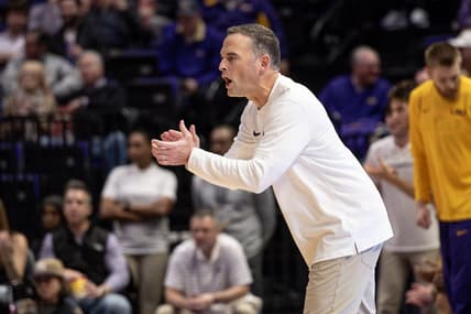 Jan 9, 2024; Baton Rouge, Louisiana, USA; LSU Tigers head coach Matt McMahon looks on against the Vanderbilt Commodores during the first half at Pete Maravich Assembly Center. Mandatory Credit: Stephen Lew-USA TODAY Sports
