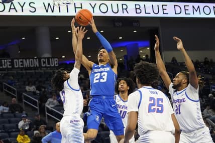Jan 9, 2024; Chicago, Illinois, USA; DePaul Blue Demons guard Jalen Terry (3) defends Creighton Bluejays guard Trey Alexander (23) during the first half at Wintrust Arena. Mandatory Credit: David Banks-USA TODAY Sports