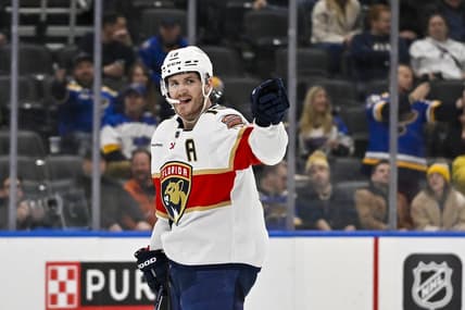 Jan 9, 2024; St. Louis, Missouri, USA;  Florida Panthers left wing Matthew Tkachuk (19) reacts after scoring a hat trick against the St. Louis Blues during the third period at Enterprise Center. Mandatory Credit: Jeff Curry-USA TODAY Sports