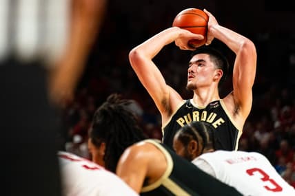 Jan 9, 2024; Lincoln, Nebraska, USA; Purdue Boilermakers center Zach Edey (15) shoots a free throw against the Nebraska Cornhuskers during the second half at Pinnacle Bank Arena. Mandatory Credit: Dylan Widger-USA TODAY Sports