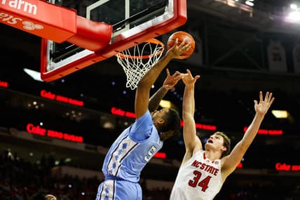 Jan 10, 2024; Raleigh, North Carolina, USA; North Carolina Tar Heels forward Armando Bacot (5) shoots the ball during the first half against North Carolina State Wolfpack at PNC Arena. Mandatory Credit: Jaylynn Nash-USA TODAY Sports