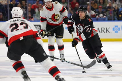 Jan 11, 2024; Buffalo, New York, USA;  Buffalo Sabres right wing JJ Peterka (77) looks to make a pass during the third period against the Ottawa Senators at KeyBank Center. Mandatory Credit: Timothy T. Ludwig-USA TODAY Sports