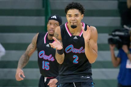 Jan 11, 2024; New Orleans, Louisiana, USA;  Florida Atlantic Owls guard Nicholas Boyd (2) reacts after making a three point basket against the Tulane Green Wave during the first half at Avron B. Fogelman Arena in Devlin Fieldhouse. Mandatory Credit: Matthew Hinton-USA TODAY Sports