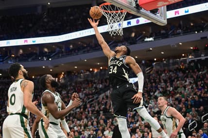 Jan 11, 2024; Milwaukee, Wisconsin, USA; Milwaukee Bucks forward Giannis Antetokounmpo (34) takes a shot in the second quarter against the Boston Celtics at Fiserv Forum. Mandatory Credit: Benny Sieu-USA TODAY Sports