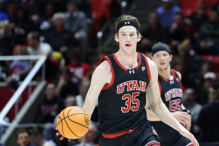 Jan 11, 2024; Salt Lake City, Utah, USA; Utah Utes center Branden Carlson (35) brings the ball up the court against the UCLA Bruins during the second half at Jon M. Huntsman Center. Mandatory Credit: Rob Gray-USA TODAY Sports