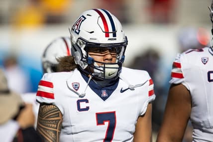 Nov 25, 2023; Tempe, Arizona, USA; Arizona Wildcats quarterback Jayden de Laura (7) against the Arizona State Sun Devils during the Territorial Cup at Mountain America Stadium. Mandatory Credit: Mark J. Rebilas-USA TODAY Sports