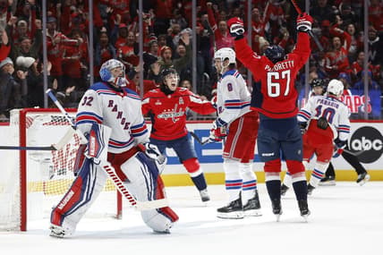 Jan 13, 2024; Washington, District of Columbia, USA; Washington Capitals right wing T.J. Oshie (77) celebrates with Capitals left wing Max Pacioretty (67) after scoring a goal on New York Rangers goaltender Jonathan Quick (32) in the third period at Capital One Arena. Mandatory Credit: Geoff Burke-USA TODAY Sports