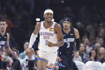 Jan 13, 2024; Oklahoma City, Oklahoma, USA; Oklahoma City Thunder guard Shai Gilgeous-Alexander (2) smiles after scoring against the Orlando Magic during the first quarter at Paycom Center. Mandatory Credit: Alonzo Adams-USA TODAY Sports