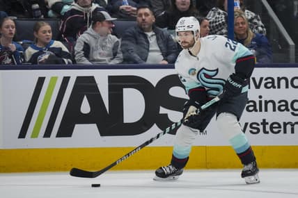 cJan 13, 2024; Columbus, Ohio, USA;  Seattle Kraken right wing Oliver Bjorkstrand (22) skates with the puck against the Columbus Blue Jackets in the second period at Nationwide Arena. Mandatory Credit: Aaron Doster-USA TODAY Sports