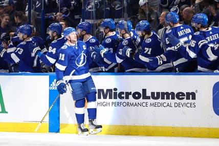 Jan 13, 2024; Tampa, Florida, USA;  Tampa Bay Lightning center Steven Stamkos (91) celebrates after scoring a goal against the Anaheim Ducks in the second period at Amalie Arena. Mandatory Credit: Nathan Ray Seebeck-USA TODAY Sports