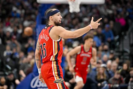 Jan 13, 2024; Dallas, Texas, USA; New Orleans Pelicans forward Larry Nance Jr. (22) celebrates making a three point basket against the Dallas Mavericks during the first quarter at the American Airlines Center. Mandatory Credit: Jerome Miron-USA TODAY Sports