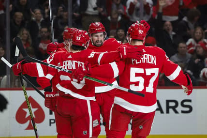 Jan 13, 2024; Detroit, Michigan, USA;  Detroit Red Wings center Dylan Larkin (71) celebrates after he scores a goal on Los Angeles Kings goaltender Cam Talbot (39) in the second period at Little Caesars Arena. Mandatory Credit: Rick Osentoski-USA TODAY Sports