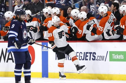 Jan 13, 2024; Winnipeg, Manitoba, CAN; Philadelphia Flyers right wing Cam Atkinson (89) celebrates his second period goal against the Winnipeg Jets at Canada Life Centre. Mandatory Credit: James Carey Lauder-USA TODAY Sports