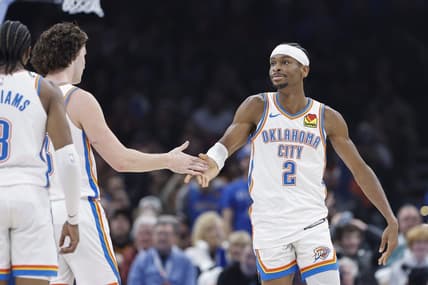Jan 13, 2024; Oklahoma City, Oklahoma, USA; Oklahoma City Thunder guard Shai Gilgeous-Alexander (2) celebrates with guard Josh Giddey (3) after scoring against the Orlando Magic during the second quarter at Paycom Center. Mandatory Credit: Alonzo Adams-USA TODAY Sports