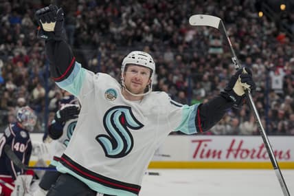 cJan 13, 2024; Columbus, Ohio, USA;  Seattle Kraken left wing Jared McCann (19) celebrates after scoring a goal against the Columbus Blue Jackets in the third period at Nationwide Arena. Mandatory Credit: Aaron Doster-USA TODAY Sports