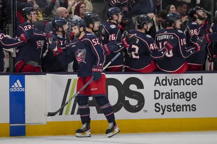 cJan 13, 2024; Columbus, Ohio, USA;  Columbus Blue Jackets right wing Emil Bemstrom (52) celebrates with teammates on the bench after scoring a goal against the Seattle Kraken in the third period at Nationwide Arena. Mandatory Credit: Aaron Doster-USA TODAY Sports