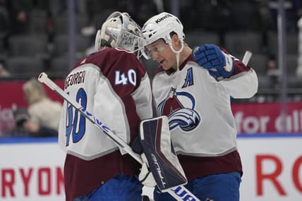 Jan 13, 2024; Toronto, Ontario, CAN; Colorado Avalanche forward Nathan MacKinnon (29) and goaltender Alexandar Georgiev (40) celebrate a win over the Toronto Maple Leafs during the third period at Scotiabank Arena. Mandatory Credit: John E. Sokolowski-USA TODAY Sports