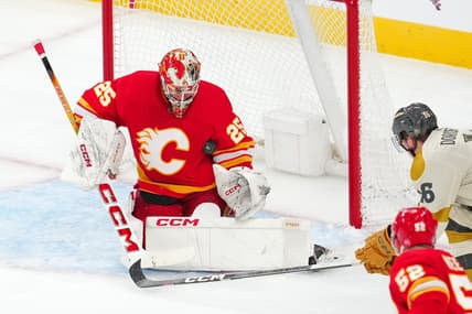 Jan 13, 2024; Las Vegas, Nevada, USA; Calgary Flames goaltender Jacob Markstrom (25) makes a save against the Vegas Golden Knights during the third period at T-Mobile Arena. Mandatory Credit: Stephen R. Sylvanie-USA TODAY Sports