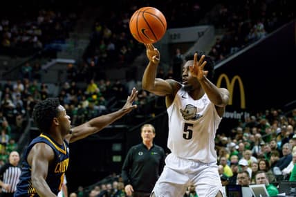 Oregon guard Jermaine Couisnard shoots as the Oregon Ducks host the California Golden Bears Saturday, Jan. 13, 2024 at Matthew Knight Arena in Eugene, Ore.