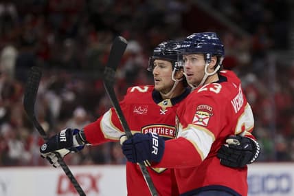 Jan 15, 2024; Sunrise, Florida, USA; Florida Panthers center Carter Verhaeghe (23) celebrates with center Sam Reinhart (13) after scoring against the Anaheim Ducks during the second period at Amerant Bank Arena. Mandatory Credit: Sam Navarro-USA TODAY Sports