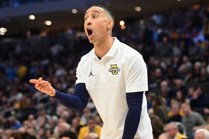 Jan 15, 2024; Milwaukee, Wisconsin, USA; Marquette Golden Eagles head coach Shaka Smart reacts in the second half against the Villanova Wildcats at Fiserv Forum. Mandatory Credit: Benny Sieu-USA TODAY Sports