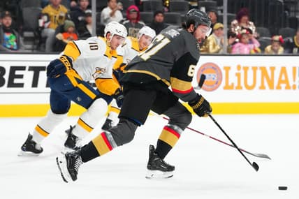 Jan 15, 2024; Las Vegas, Nevada, USA; Vegas Golden Knights right wing Mark Stone (61) skates against the Nashville Predators during the first period at T-Mobile Arena. Mandatory Credit: Stephen R. Sylvanie-USA TODAY Sports