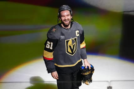 Jan 15, 2024; Las Vegas, Nevada, USA; Vegas Golden Knights right wing Mark Stone (61) celebrates after being named First Star of the Game after the Golden Knights defeated the Nashville Predators 4-1 at T-Mobile Arena. Mandatory Credit: Stephen R. Sylvanie-USA TODAY Sports