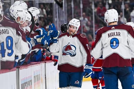 Jan 15, 2024; Montreal, Quebec, CAN; Colorado Avalanche defenseman Devon Toews (7) celebrates his goal against the Montreal Canadiens with his teammates at the bench during the third period at Bell Centre. Mandatory Credit: David Kirouac-USA TODAY Sports